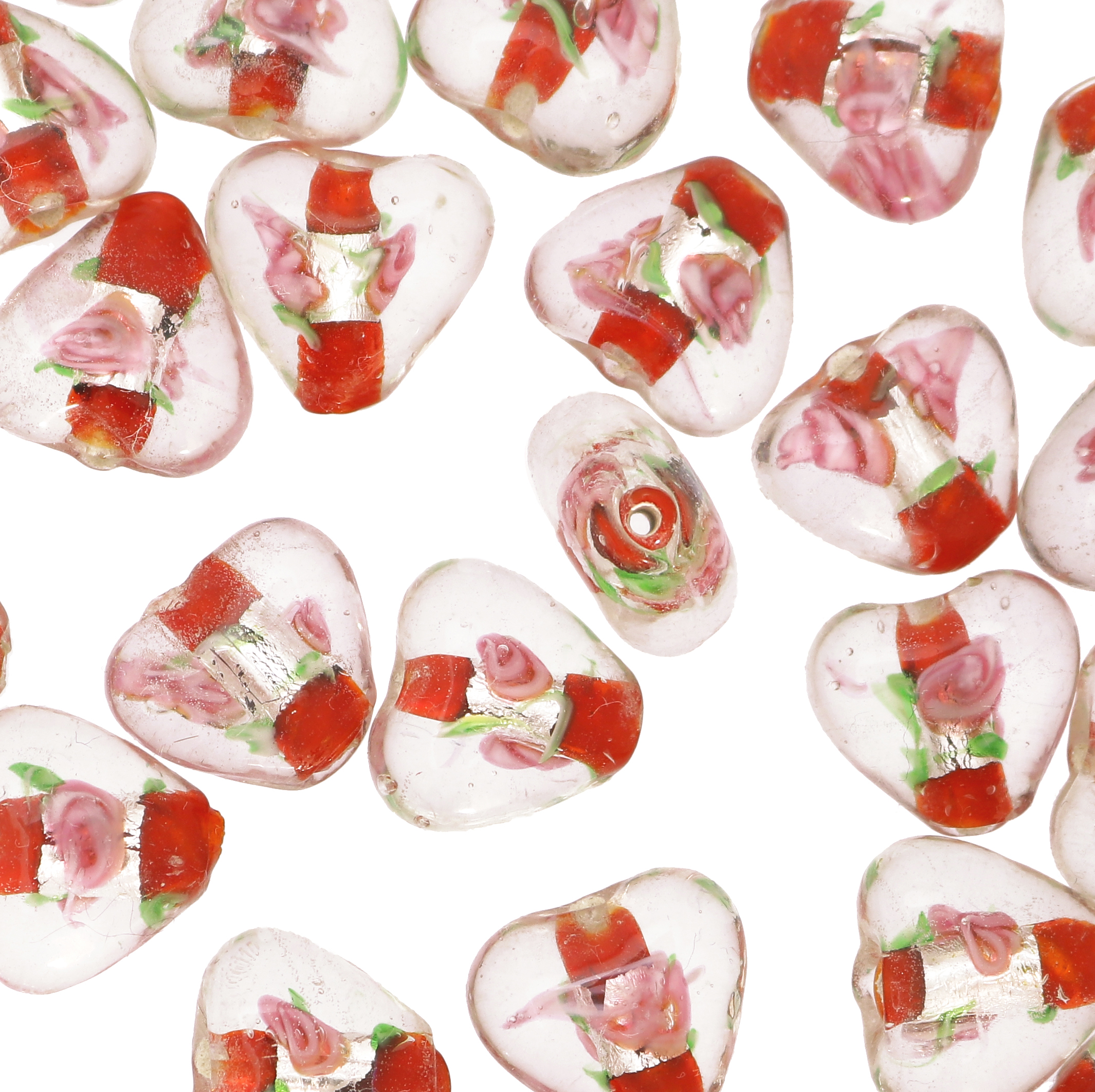Murrina con foglia argento all'interno, a forma di cuore, 16 mm., con foro passante, colore Rosso
