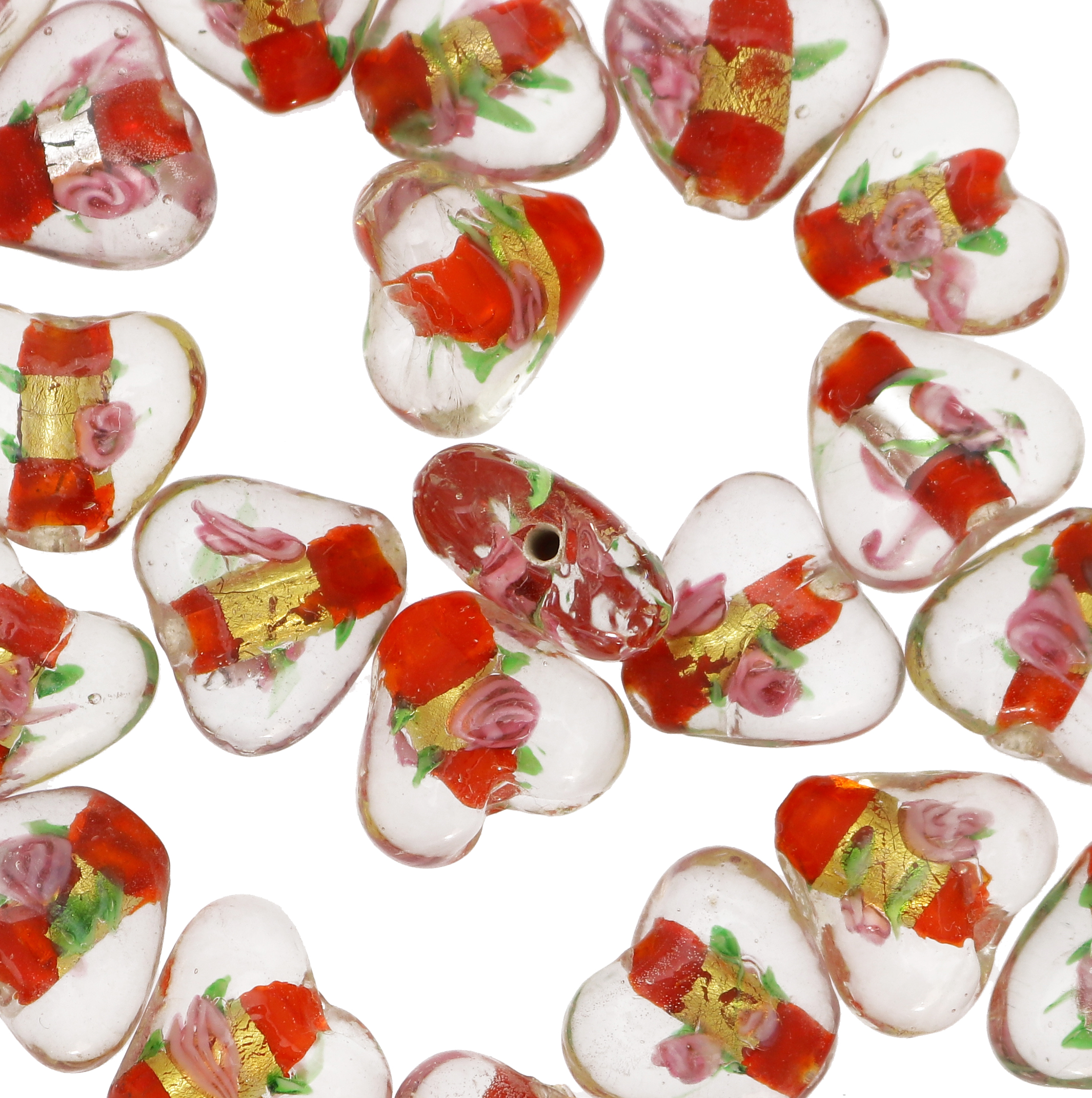 Murrina con foglia oro all'interno, a forma di cuore, 16 mm., con foro passante, colore Rosso