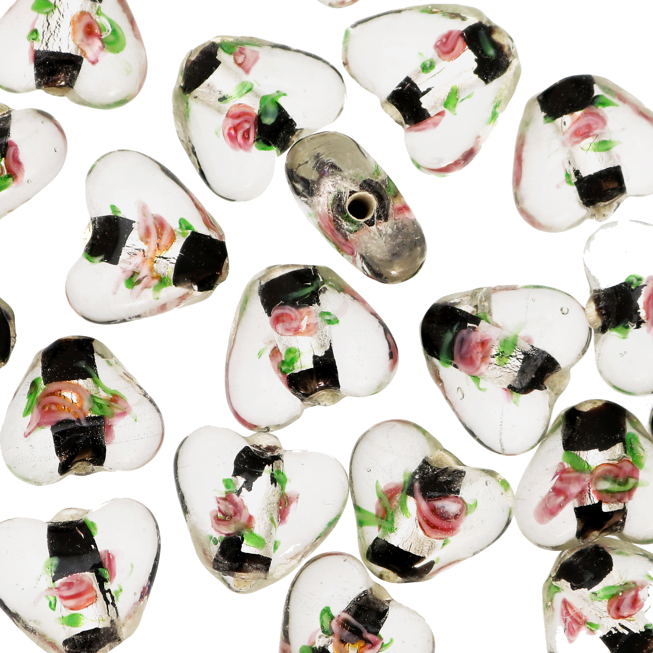 Murrina con foglia argento all'interno, a forma di cuore, 16 mm., con foro passante, colore Nero