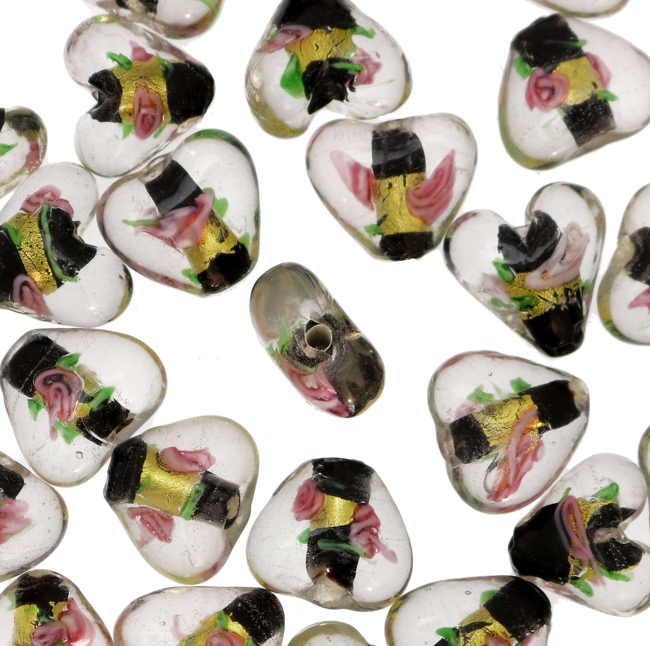 Murrina con foglia oro all'interno, a forma di cuore, 16 mm., con foro passante, colore Nero
