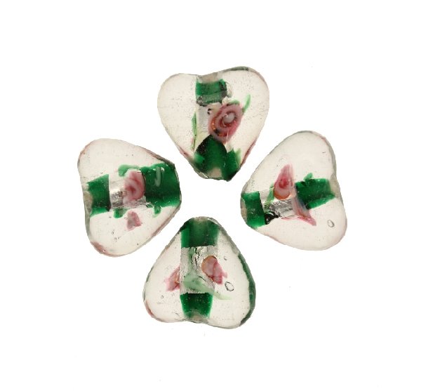 Murrina con foglia argento all'interno, a forma di cuore, 16 mm., con foro passante, colore Verde