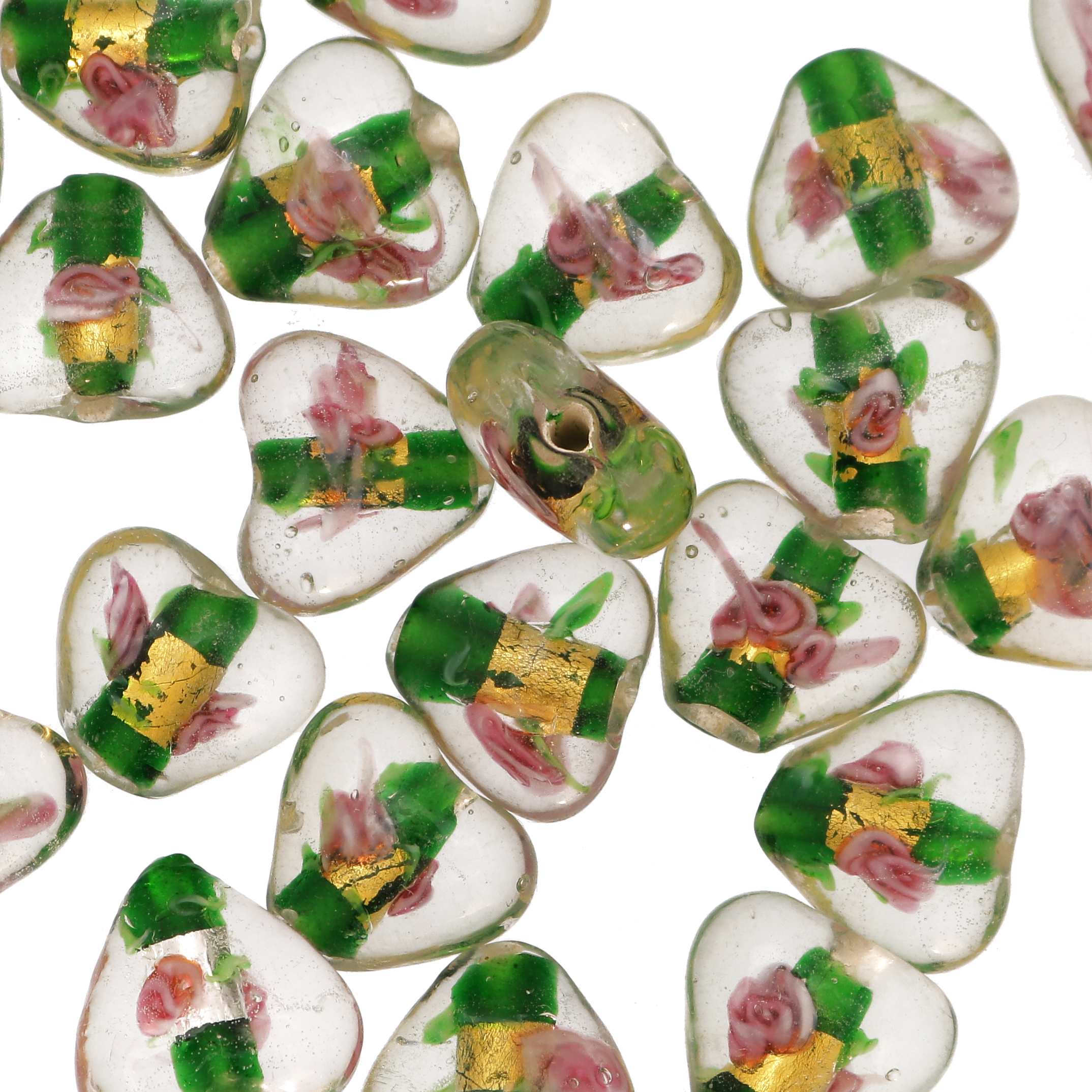 Murrina con foglia oro all'interno, a forma di cuore, 16 mm., con foro passante, colore Verde