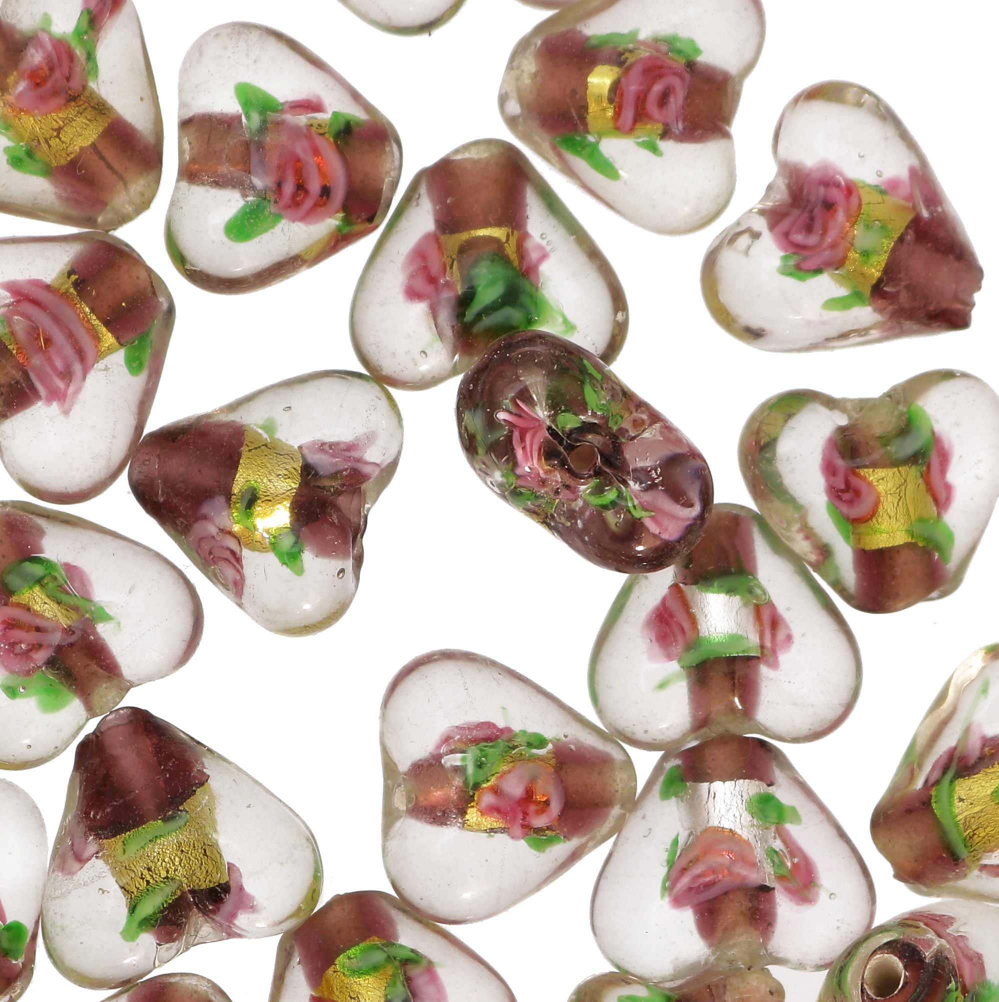 Murrina con foglia oro all'interno, a forma di cuore, 16 mm., con foro passante, colore Ametista