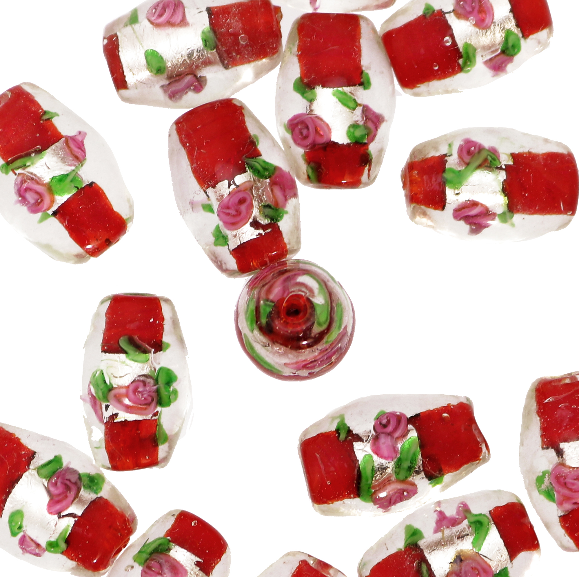 Murrina con foglia argento all'interno, a forma di oliva, 18x12 mm., con foro passante, colore Rosso