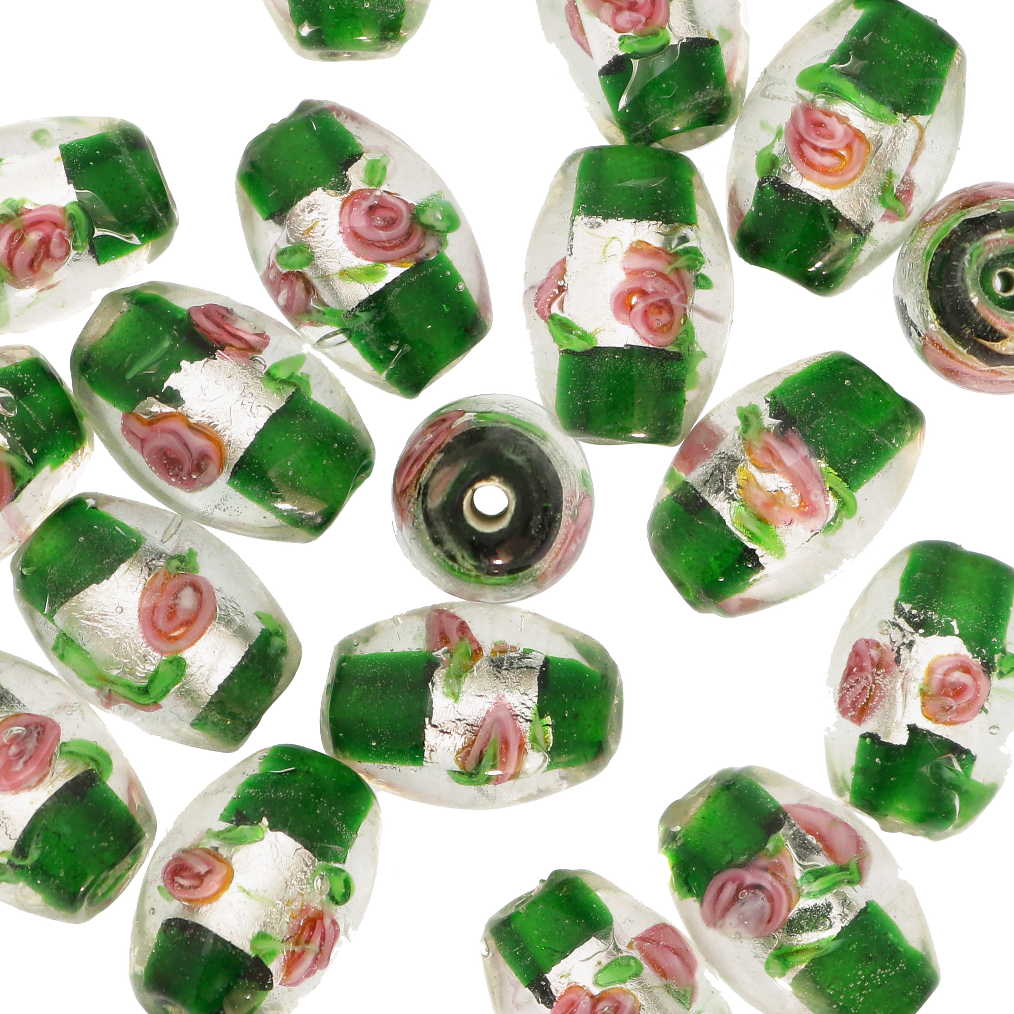 Murrina con foglia argento all'interno, a forma di oliva, 18x12 mm., con foro passante, colore Verde