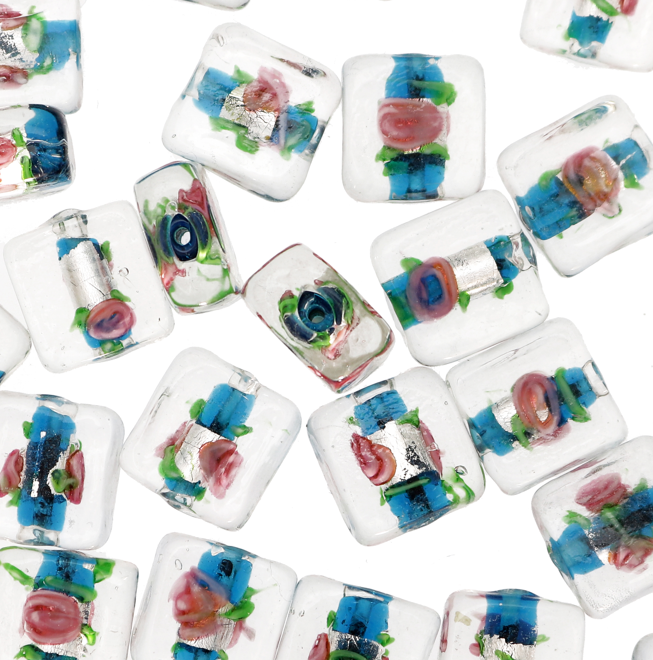 Murrina con foglia argento all'interno, a forma di quadro piatto, 13 mm., con foro passante, colore Blu