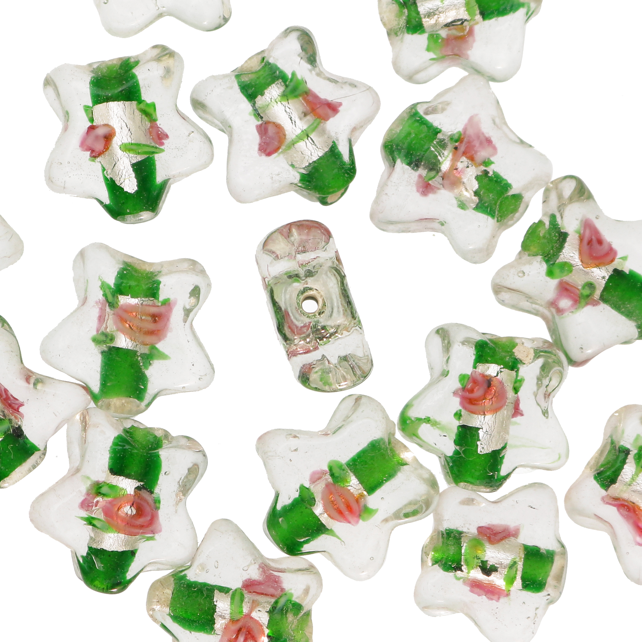 Murrina con foglia argento all'interno, a forma di stella, 15 mm., con foro passante, colore Verde