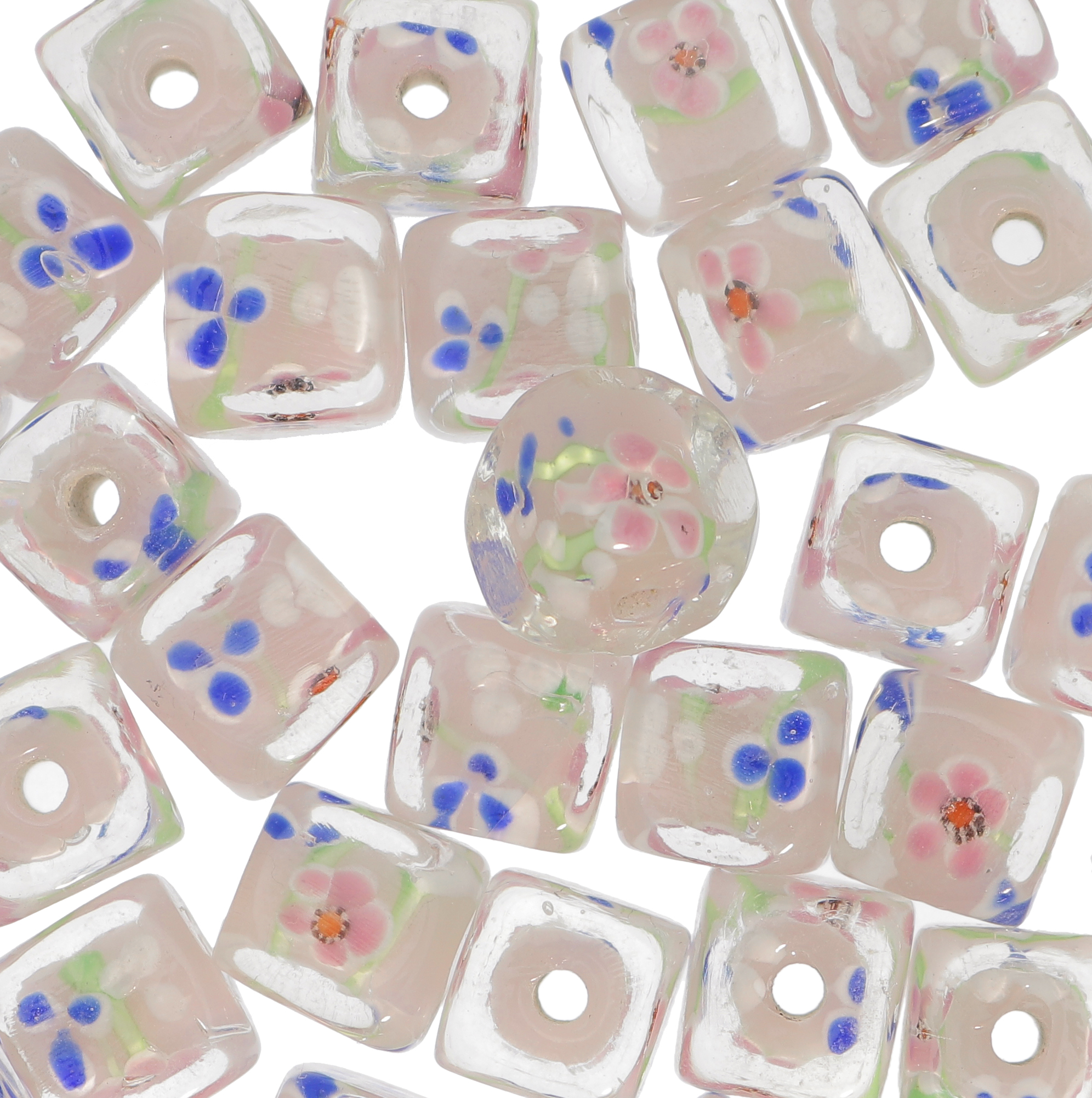 Murrina a forma di cubo , 12 mm., Rosa con trasparente sopra e disegno fiori