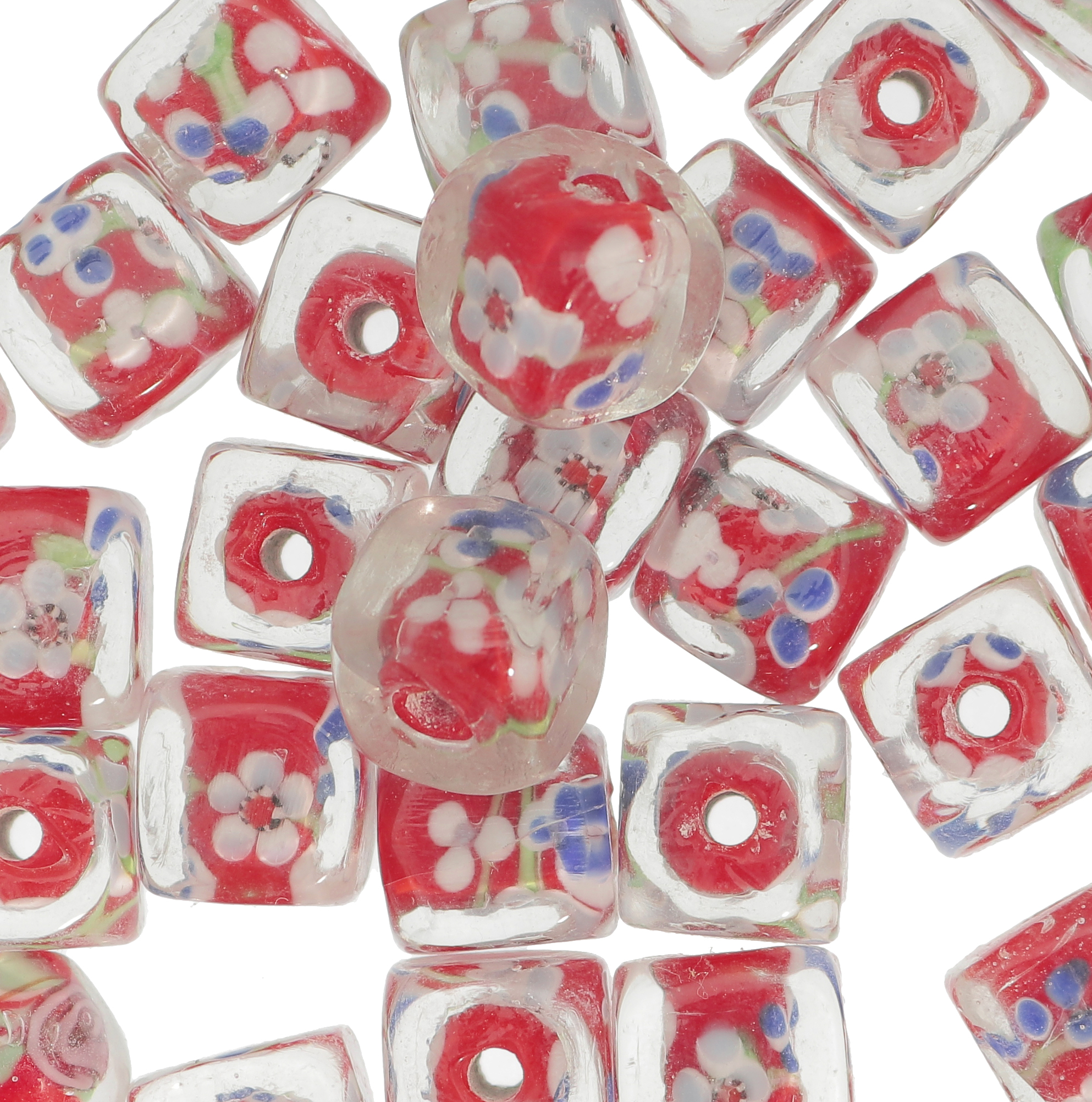 Murrina a forma di cubo , 12 mm., Rosso con trasparente sopra e disegno fiori