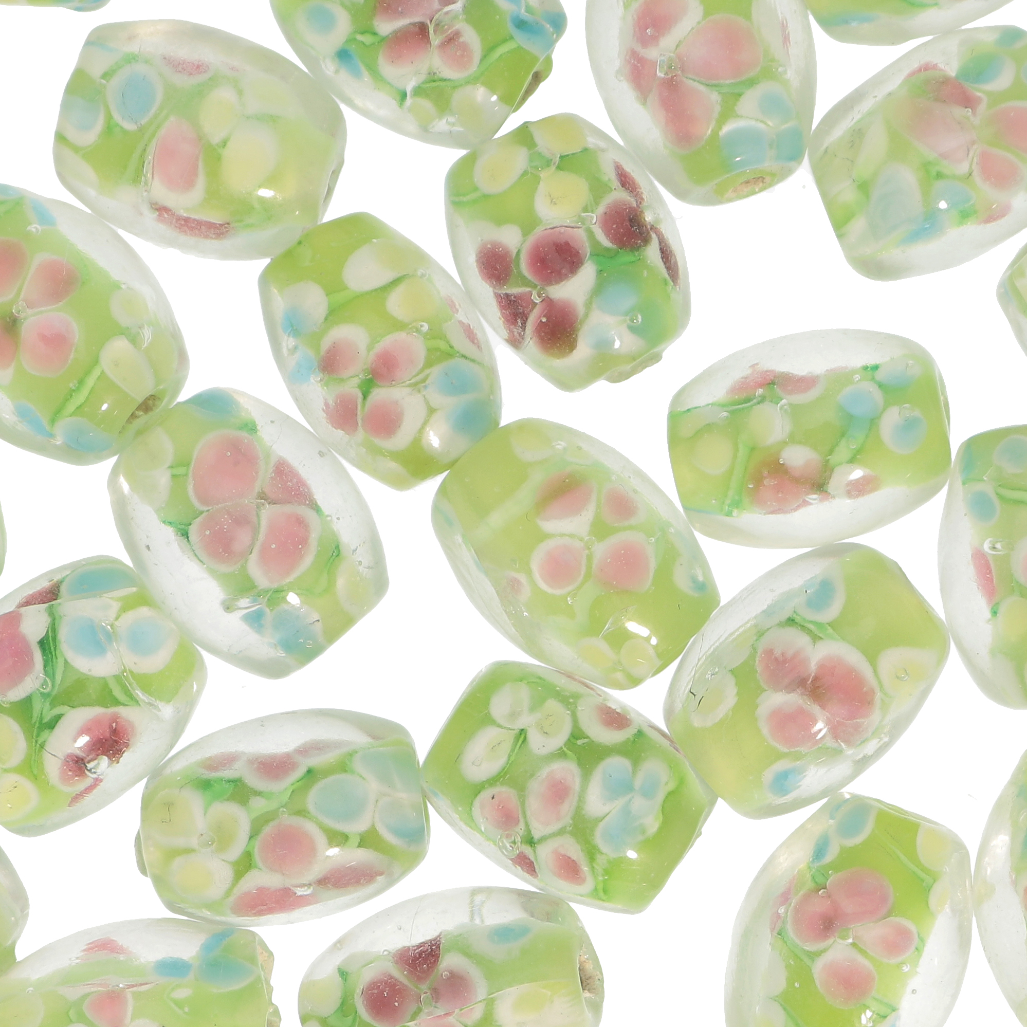 Murrina a forma di oliva , 12x6 mm., Verde chiaro con trasparente sopra e disegno fiori