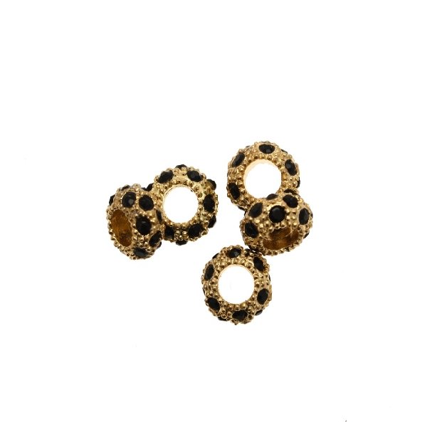 Rondella bombata strass, stretta, in metallo, 10x5,7 mm., base oro lucido, colore strass NERO