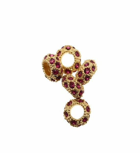 Rondella bombata strass, stretta, in metallo, 10x5,7 mm., base oro lucido, colore strass FUCSIA