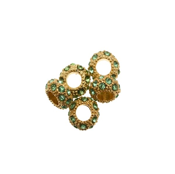 Rondella bombata strass, stretta, in metallo, 10x5,7 mm., base oro lucido, colore strass VERDE CHIARO