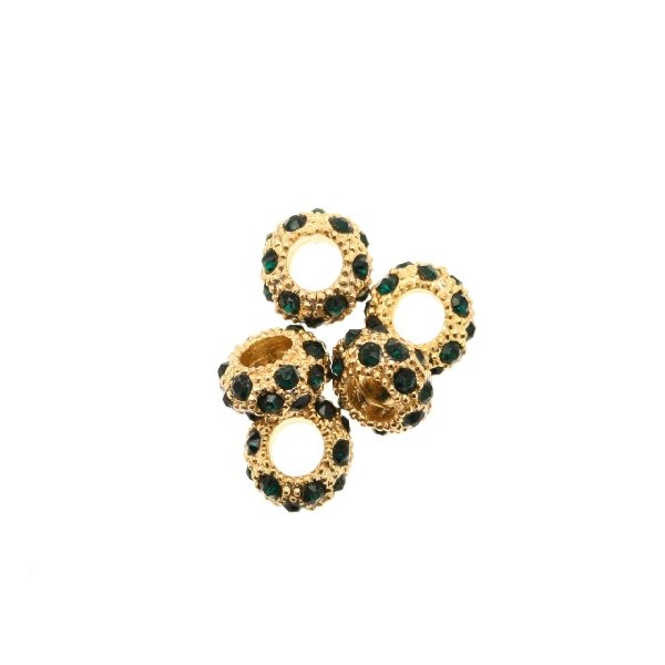 Rondella bombata strass, stretta, in metallo, 10x5,7 mm., base oro lucido, colore strass VERDE SMERALDO