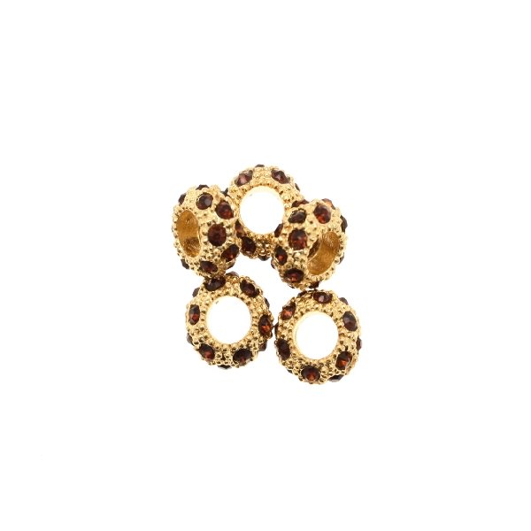 Rondella bombata strass, stretta, in metallo, 10x5,7 mm., base oro lucido, colore strass MARRONE SCURO