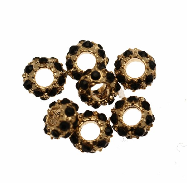 Rondella bombata strass, stretta, in metallo, 6,3x3,3 mm., base oro lucido, colore strass NERO