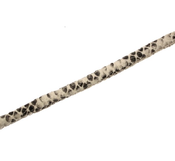 Cordoncino tubolare in pelle con cucitura laterale in vista, diametro 4mm., colore Bianco\Nero pitonato