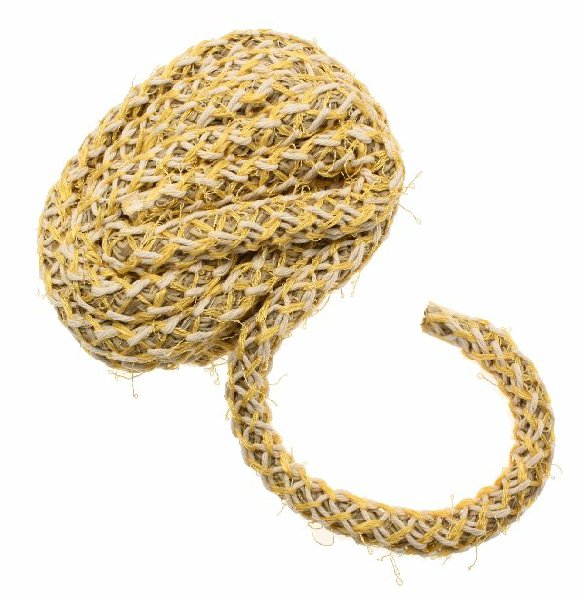 Cordoncino tubolare intrecciato, diametro 10 mm., colore base naturale intrecciato con filo beige e giallo