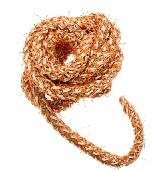 Cordoncino tubolare intrecciato, diametro 10 mm., colore base naturale intrecciato con filo beige e arancio