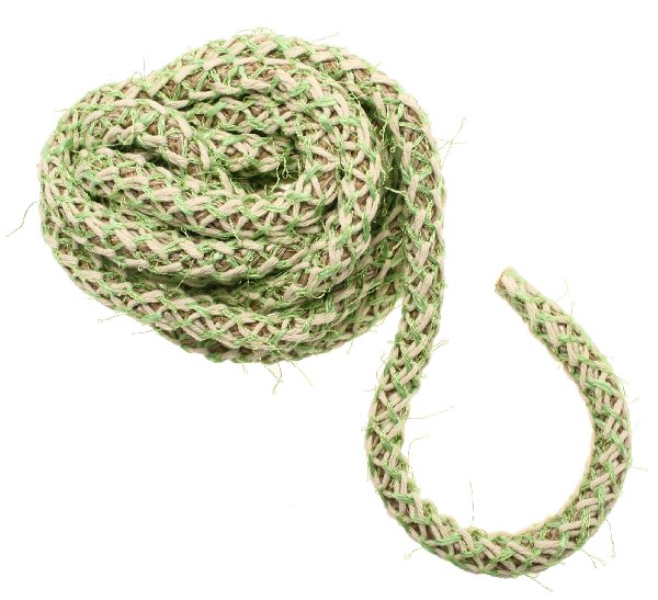 Cordoncino tubolare intrecciato, diametro 10 mm., colore base naturale intrecciato con filo beige e verde chairo