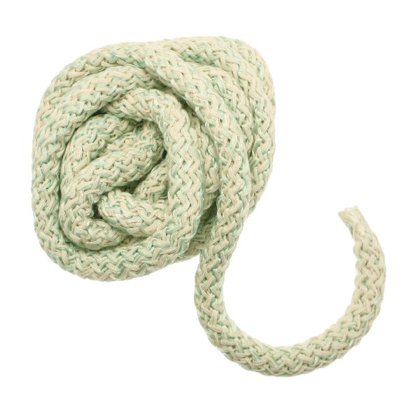 Cordoncino tubolare intrecciato, diametro 12 mm., colore beige intrecciato al verde acqua chiaro