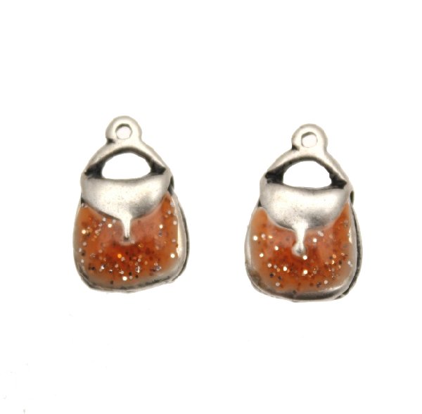Ciondolo smaltato a forma di zainetto con smalto glitter 10x12 mm. Base Argento antico