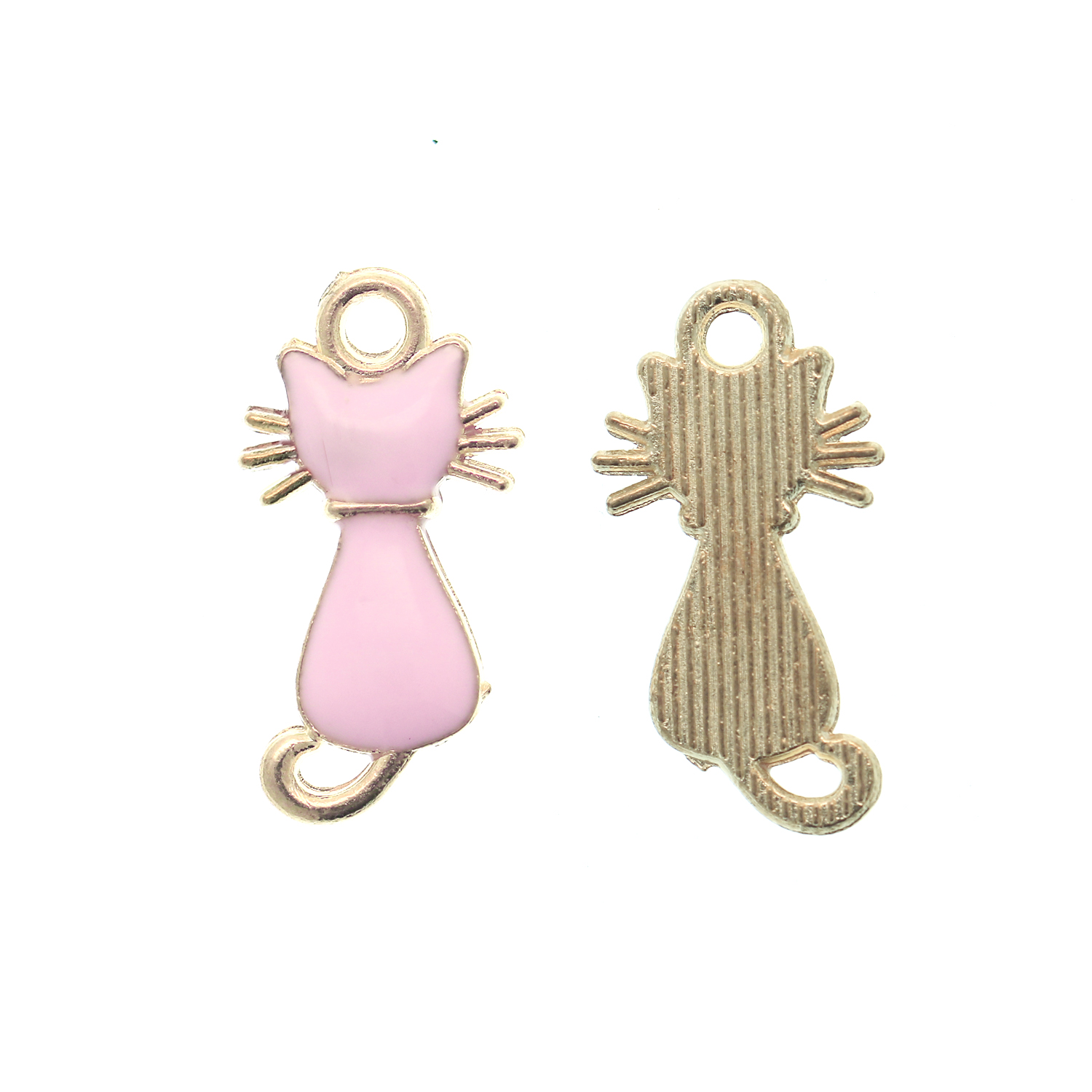 Ciondolo a forma di gatto, 12x22 mm., colore base Oro Lucido, colore smalto Rosa