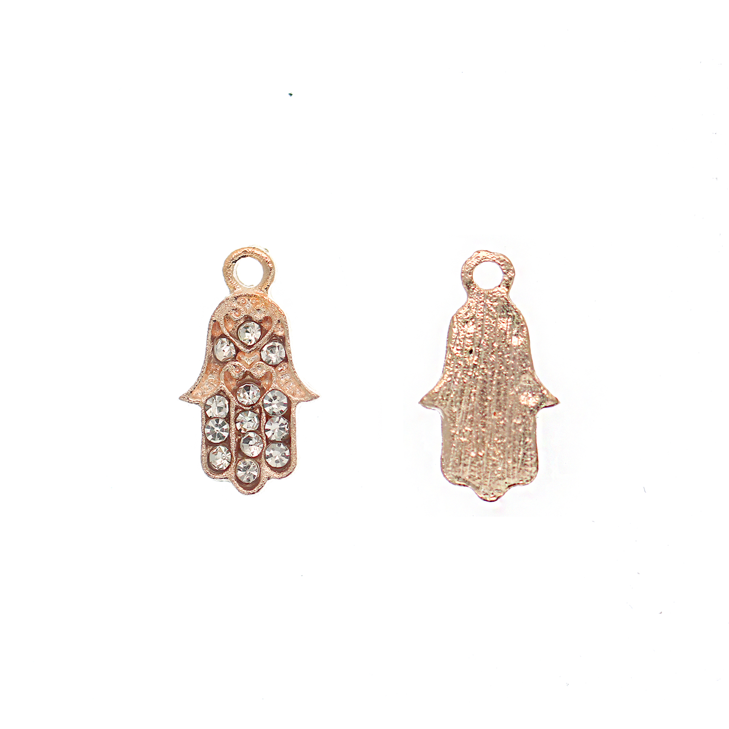 Ciondolo a forma di mano di Fatima con strass color Crystal, 9x16 mm., colore base Oro Rosa