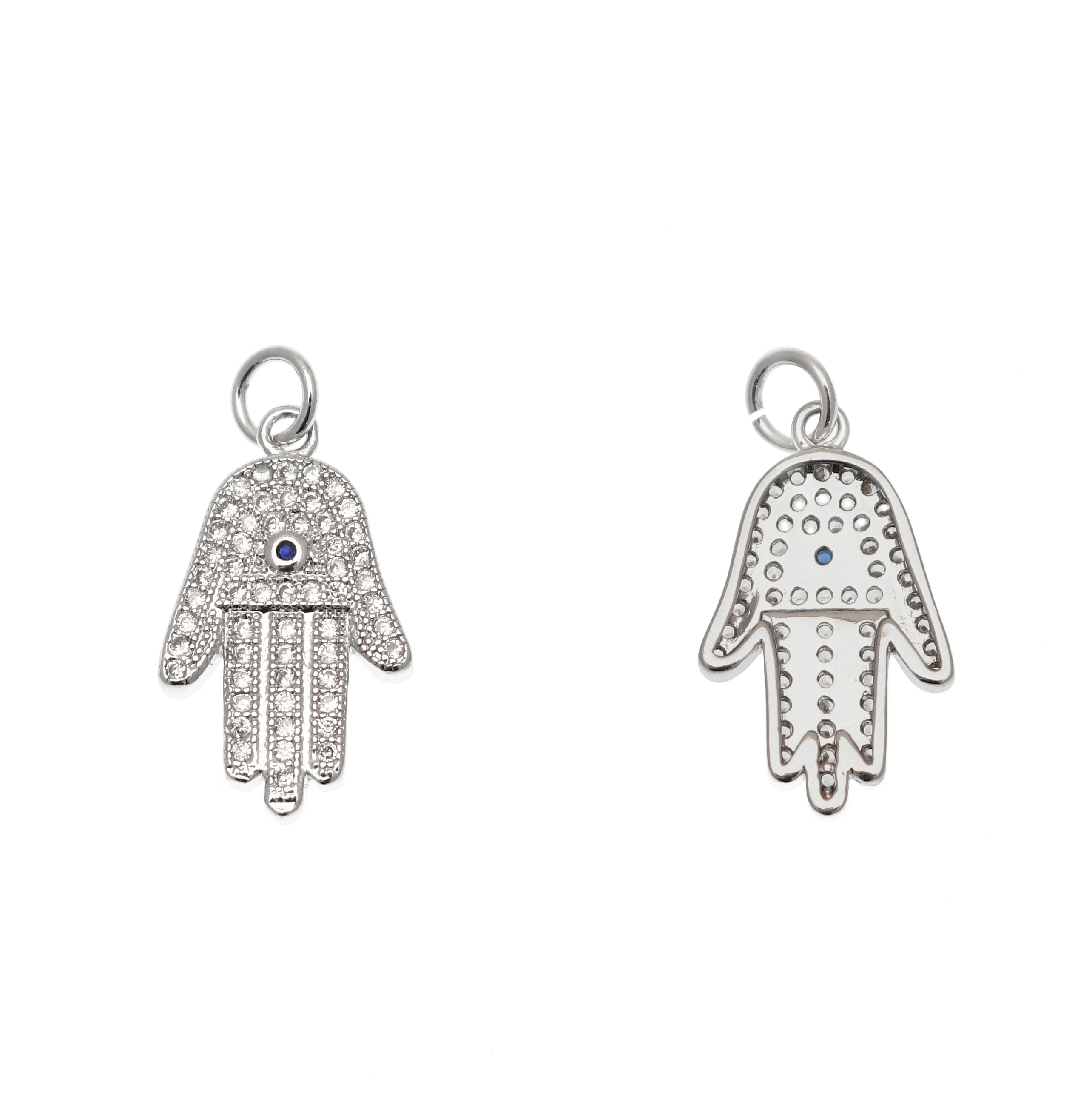 Ciondolo a forma di mano di Fatima con strass color Crystal, strass centrale Blu, 12x20 mm., colore base Argento Rodio