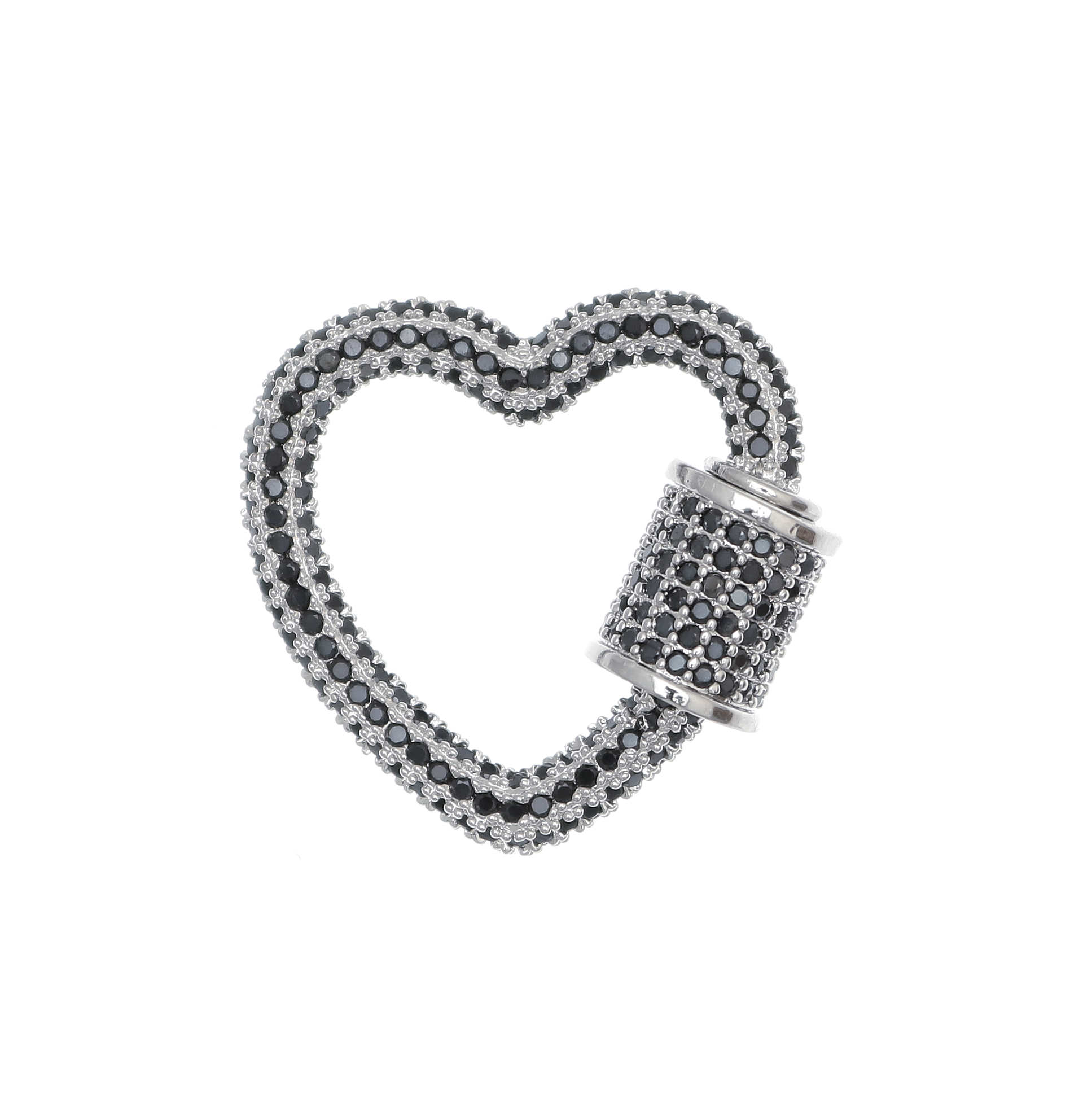 Ciondolo a forma di cuore, con chiusura a vite, con strass Nero, 25x22 mm., base in metallo colore Argento Rodio