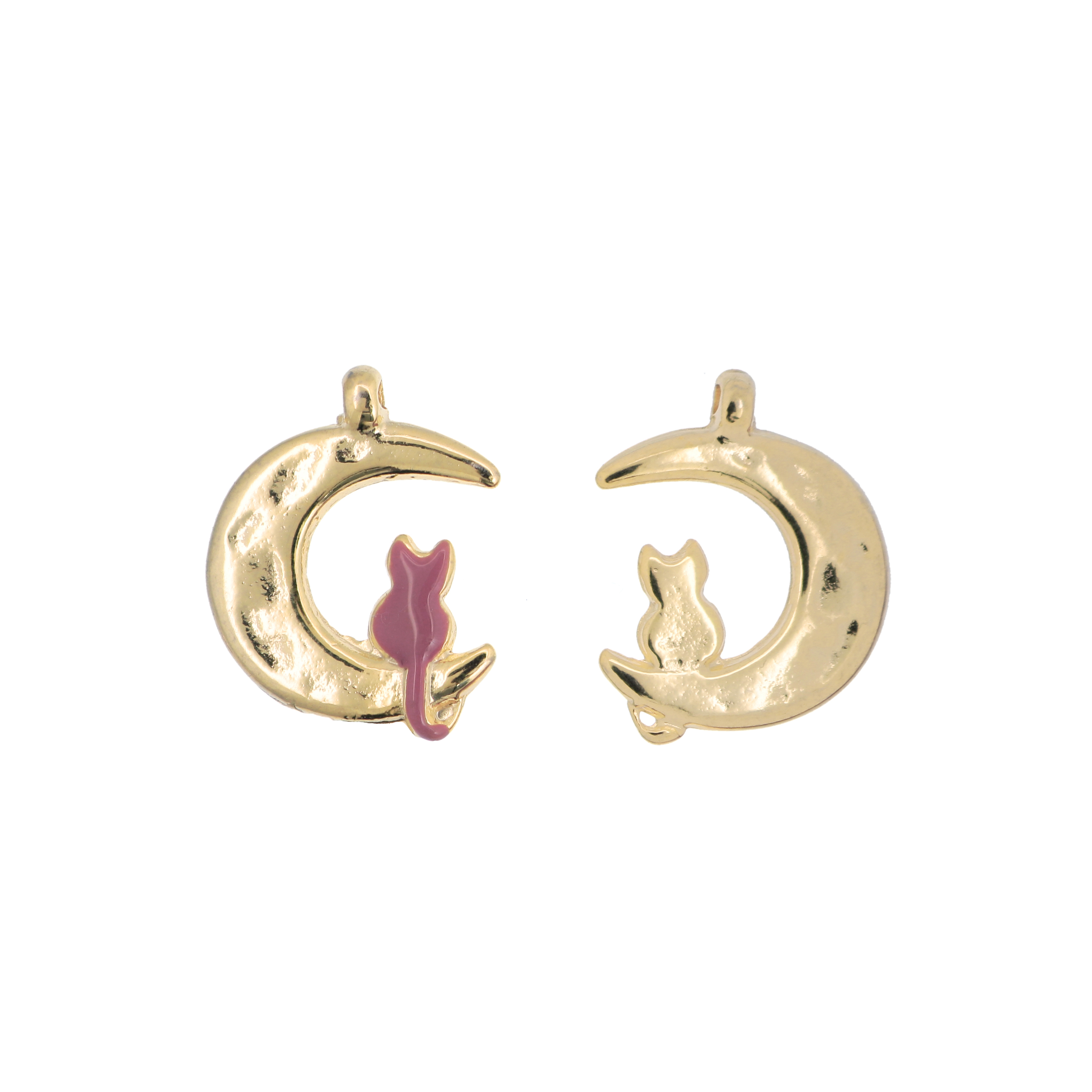 Ciondolo a forma di mezzaluna con gattino, 21x16, colore base Oro Lucido, smalto colore Rosa Antico