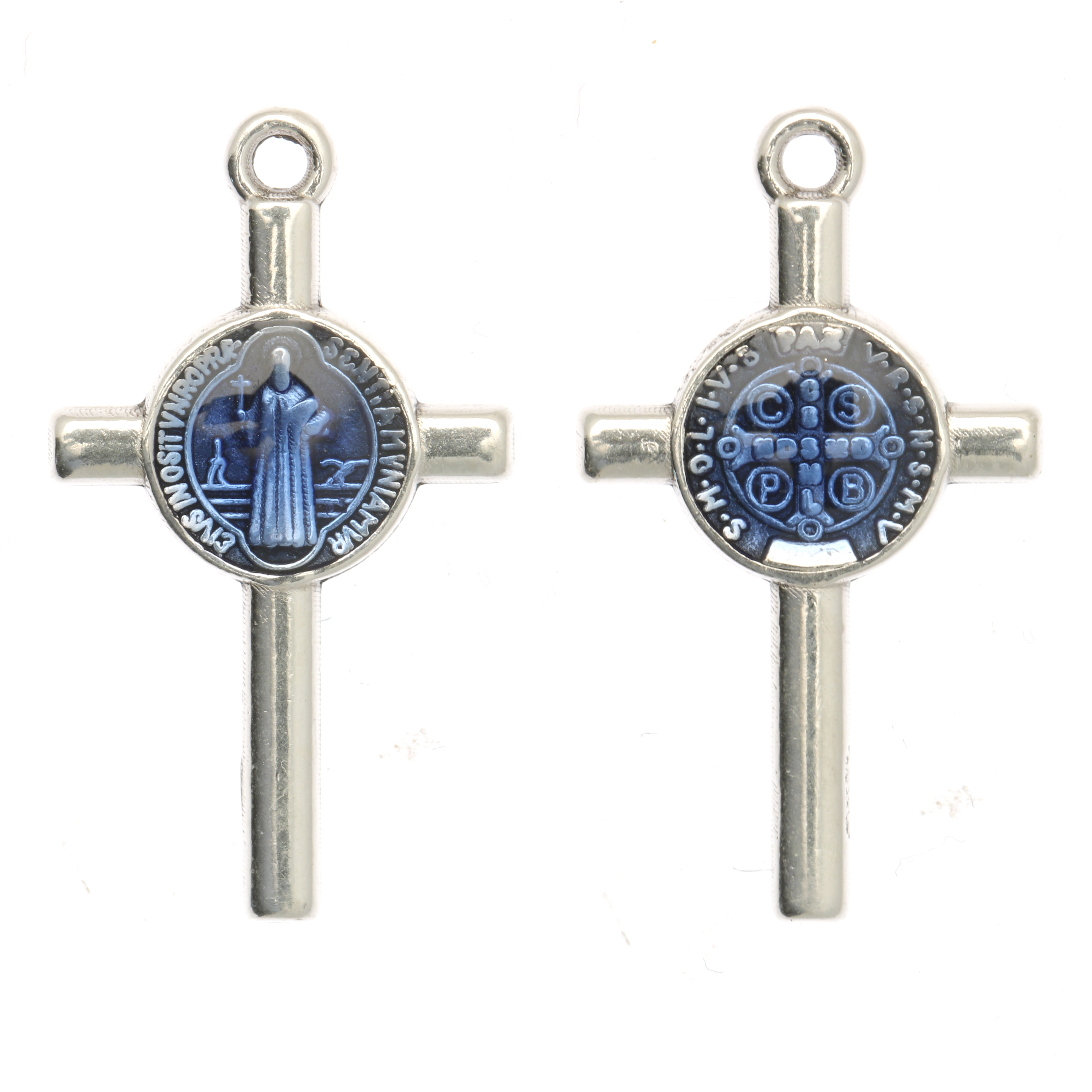 Ciondolo a forma di Croce con elemeno al centro, 13x23 mm., base Argento Anticato, colore smalto Blu