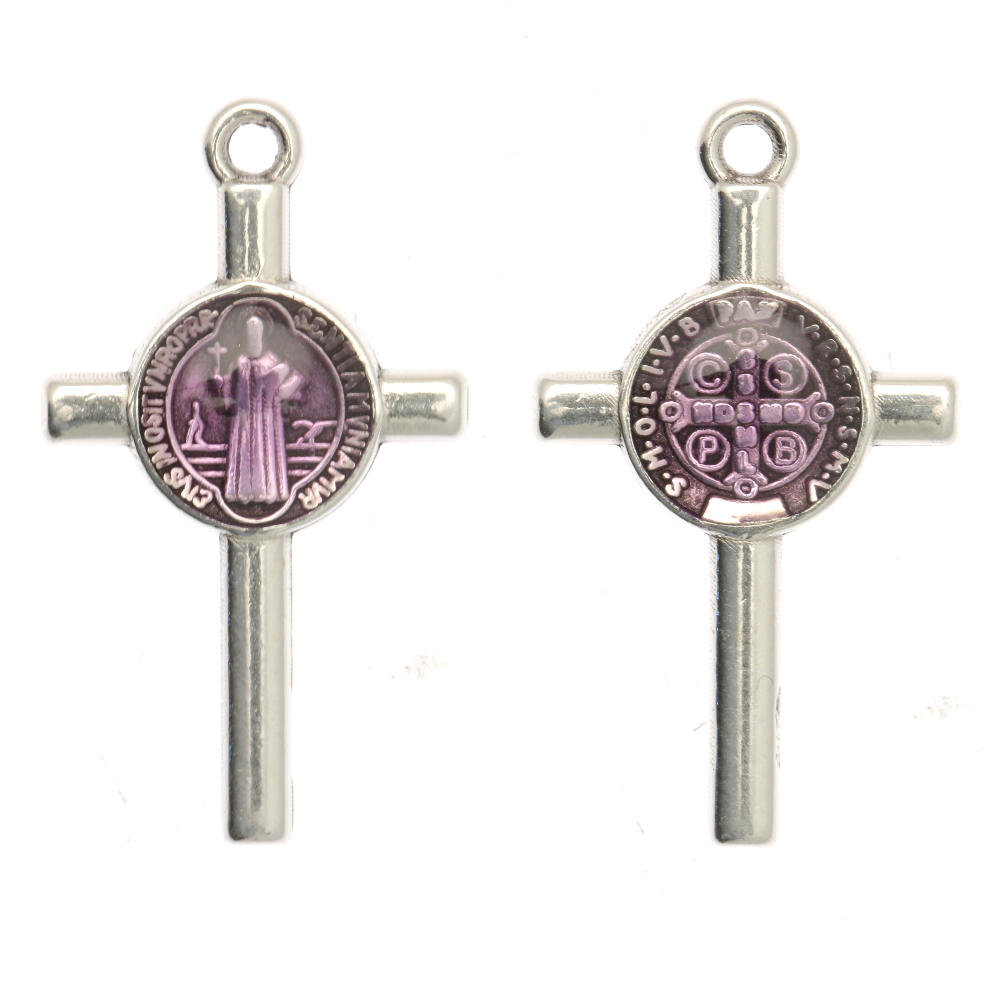 Ciondolo a forma di Croce con elemeno al centro, 13x23 mm., base Argento Anticato, colore smalto Viola Chiaro