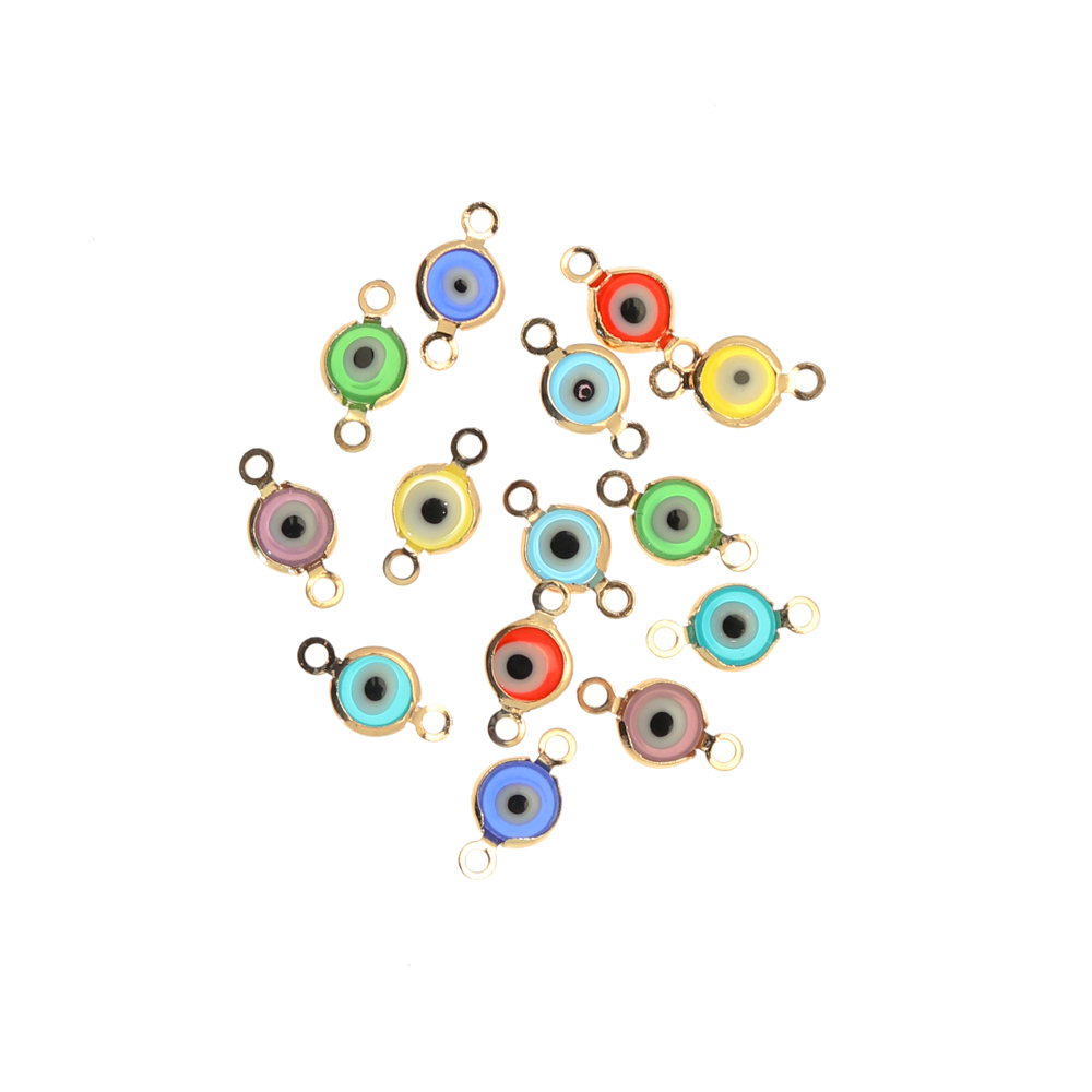 Elemento a doppio anello con incastonato un occhietto in vetro, misura 6,5x13 mm., colori misti base in metallo colore Oro Lucido
