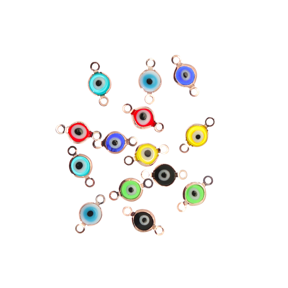 Elemento a doppio anello con incastonato un occhietto in vetro, misura 6,5x13 mm., colori misti base in metallo colore Oro Rosa