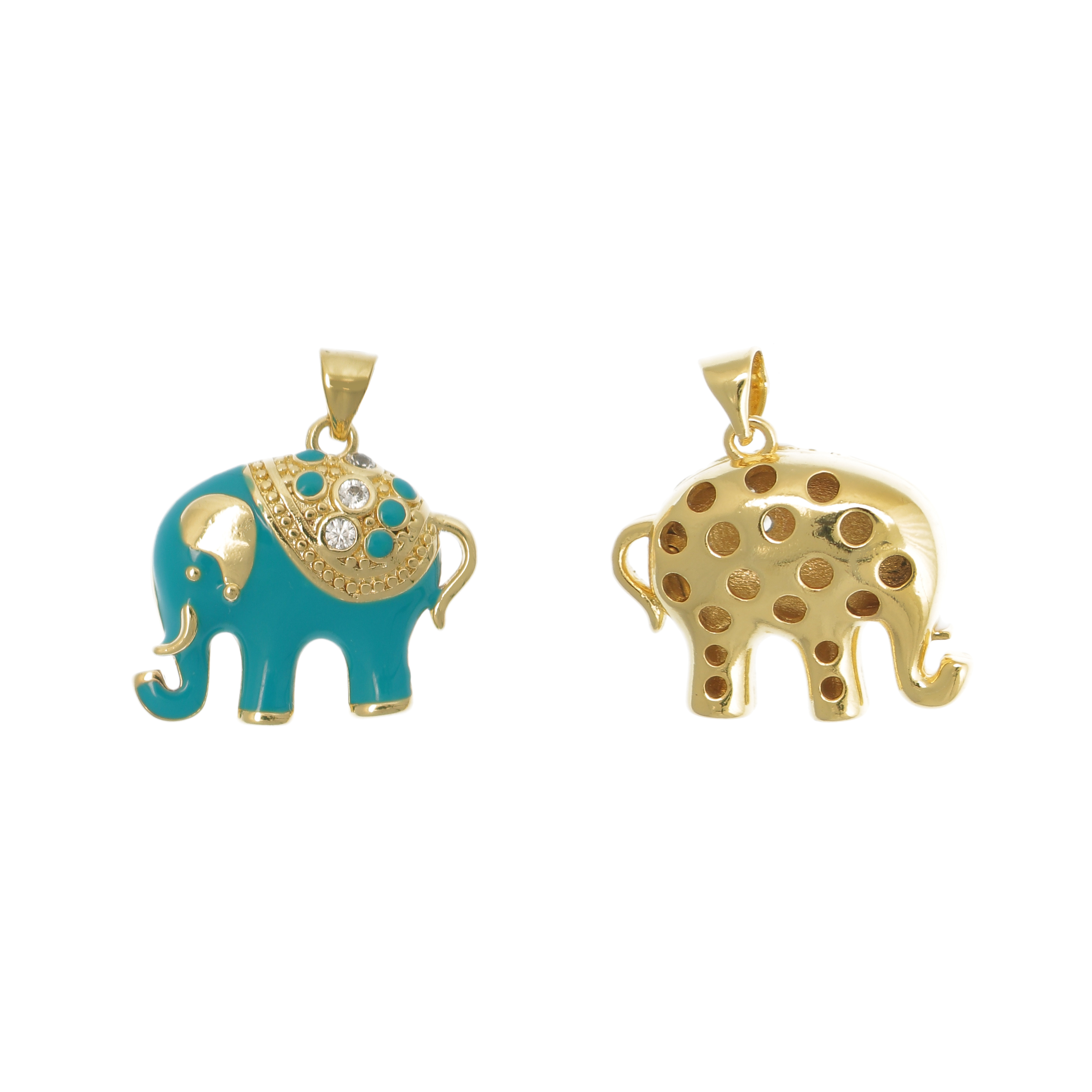 Ciondolo a forma di Elefante, tridimensionale, smaltato Azzurro, con strass Crystal, 19x22mm., base in metallo colore Oro Lucido