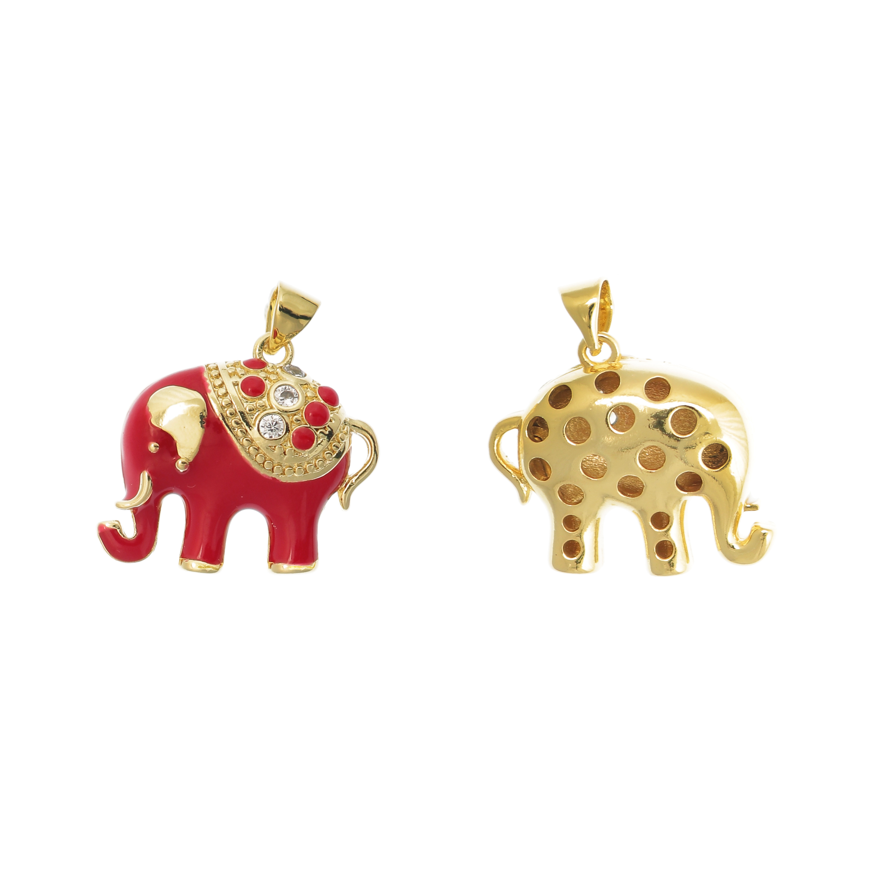 Ciondolo a forma di Elefante, tridimensionale, smaltato Rosso, con strass Crystal, 19x22mm., base in metallo colore Oro Lucido