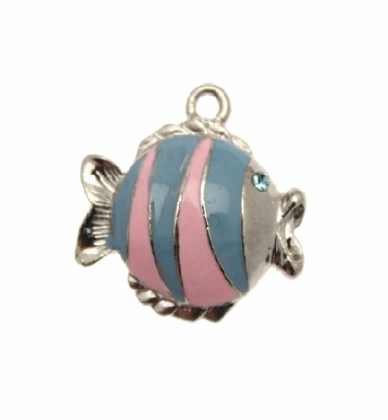 Ciondolo smaltato con strass a forma di pesce rigato con 1 strass 20x15 mm. Base Argentato Rodio