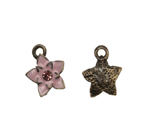 Ciondolo smaltato con strass a forma di fiore con 1 strass 12 mm. Base ottone antico