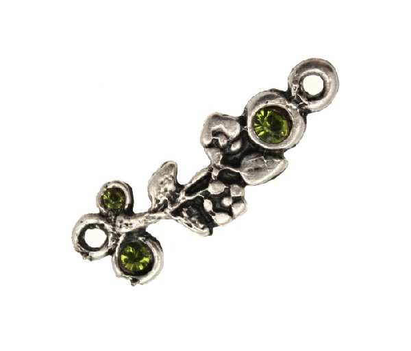 Ciondolo smaltato a forma di ramo di fiori con 3 strass e con 2 anelli 30x10 mm. Base argento antico