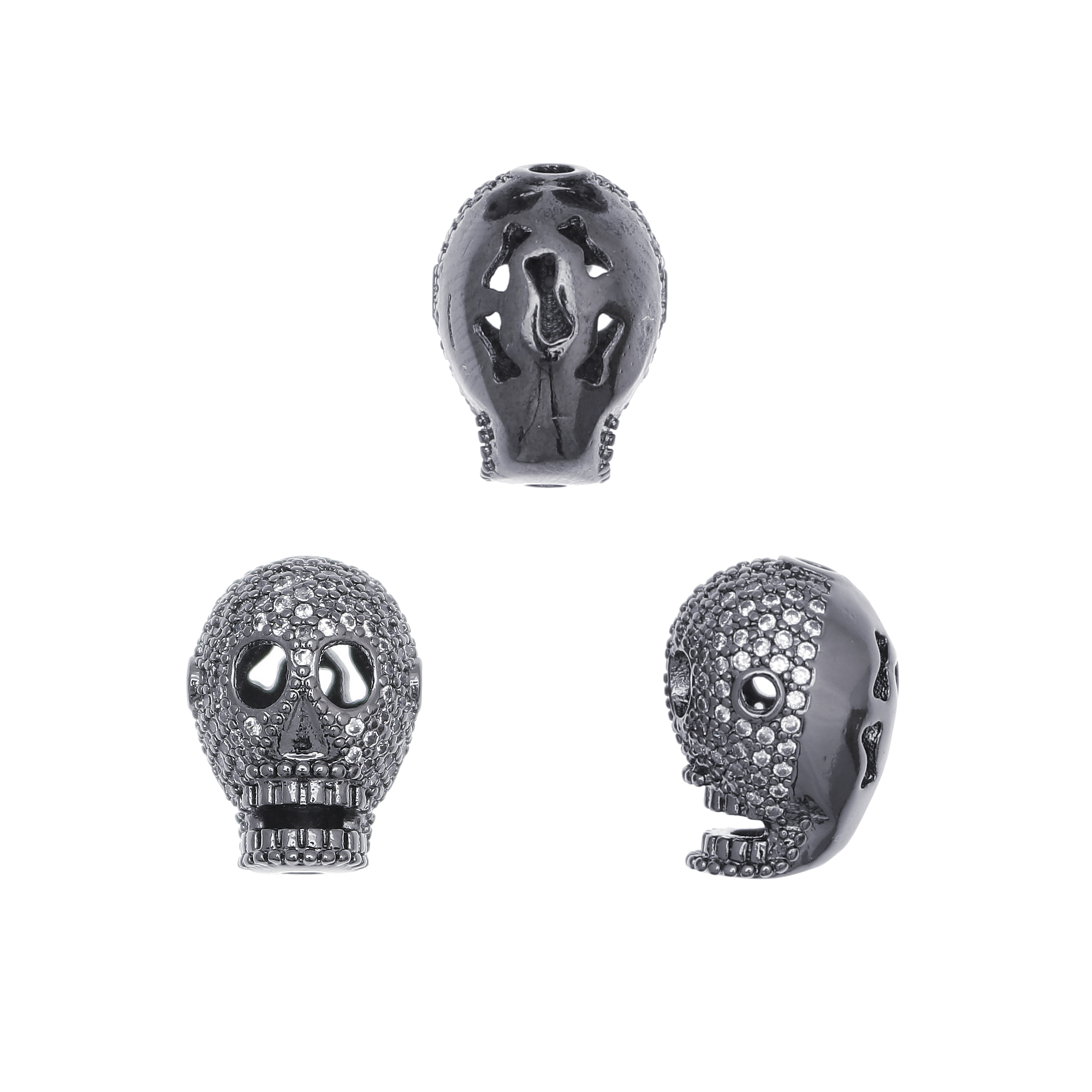 Distanziatore a forma di teschio, 17x12 mm., base in metallo colore Antracite Scuro, colore strass Crystal