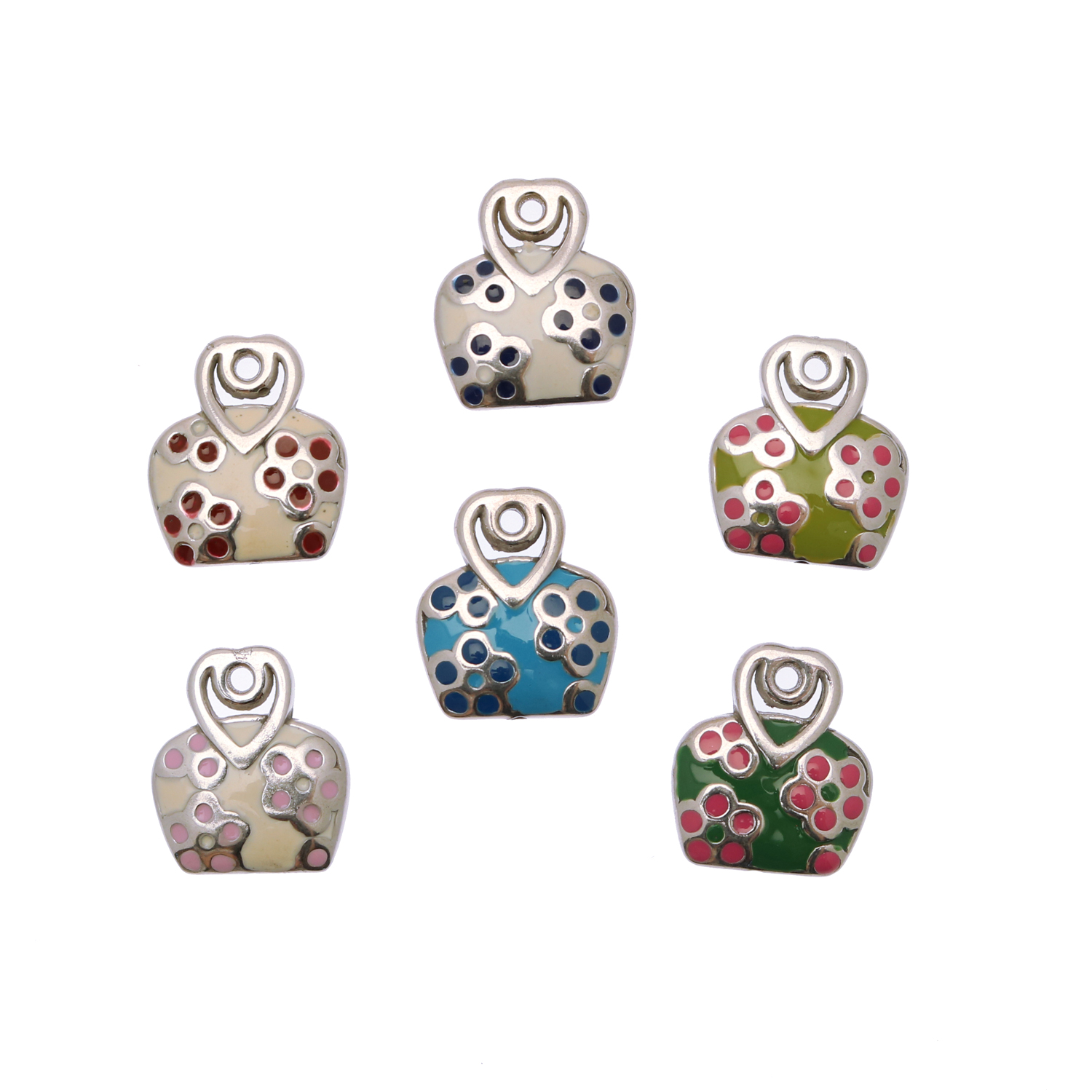 Ciondolo smaltato a forma di borsa a fiori 20x16 mm, Argento rodiato 925