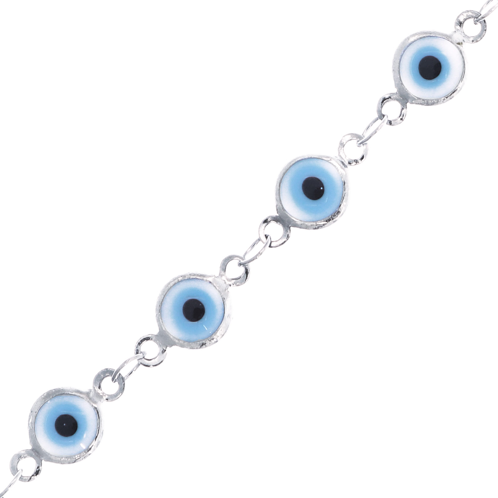 Catena alternata  con elementi tondi smaltati Bianco-Azzurro a forma di occhio 7 mm. base Argento Rodio