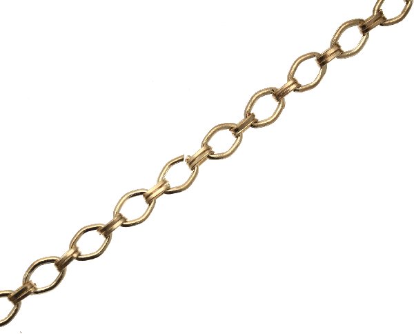 Catena in ottone a rombi, dimensione anello  7x11 mm., collegati tra loro da due anelli ovali 6x4 mm.