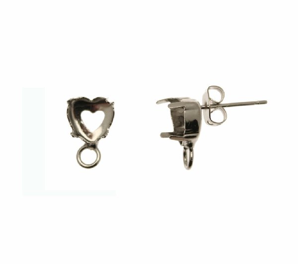 Perno con castone a cuore porta strass (gemma a cuore 8,8x8 mm.), 8x12 mm., CONF.2 PZ