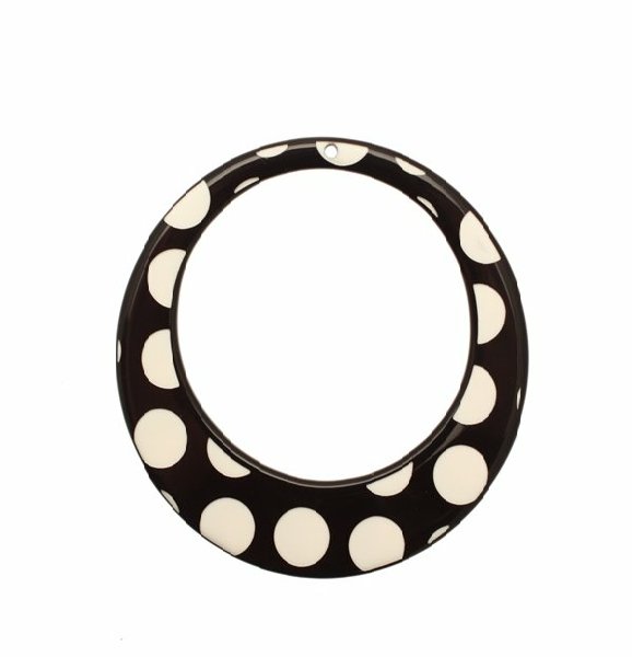 Cerchio piatto, forato al centro, in resina, con foro in alto, colore Nero con pois bianchi