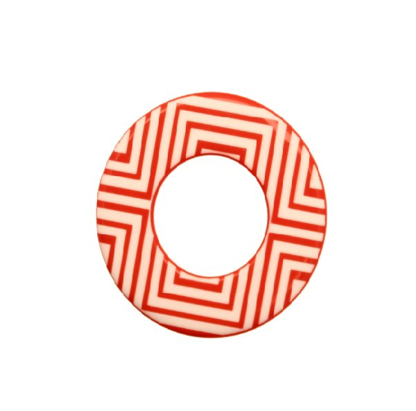 Cerchio piatto, 44 mm., forato al centro, in resina Corallo con disegni geometrici bianchi
