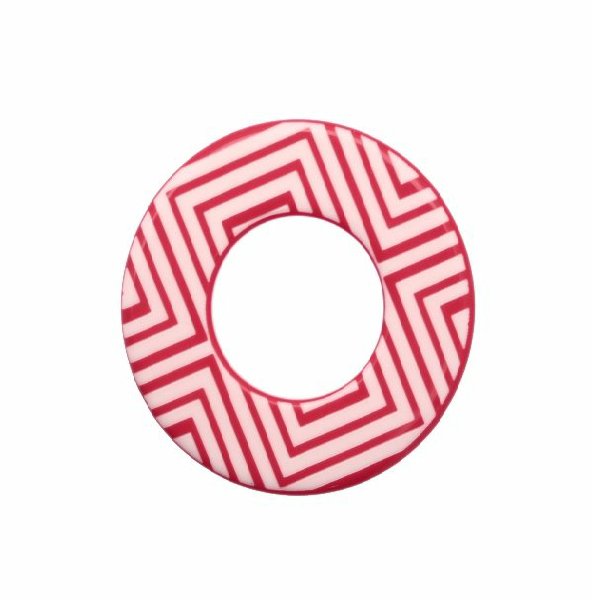 Cerchio piatto, 44 mm., forato al centro, in resina Fucsia con disegni geometrici bianchi
