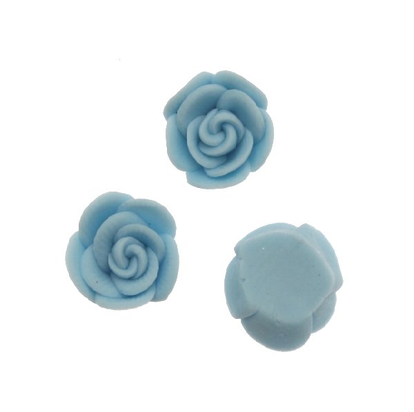Rosa in pasta di fimo colorata, piatta sotto, da incollo, larga 10 mm., alta 5 mm., colore Azzurro