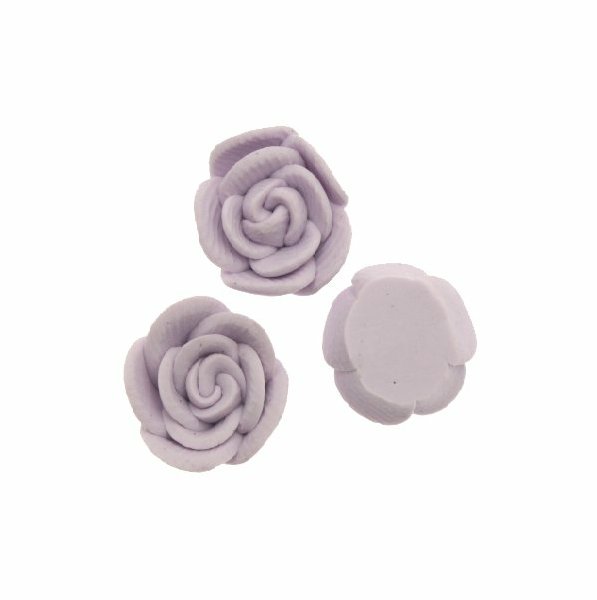 Rosa in pasta di fimo colorata, piatta sotto, da incollo, larga 10 mm., alta 5 mm., colore Lilla
